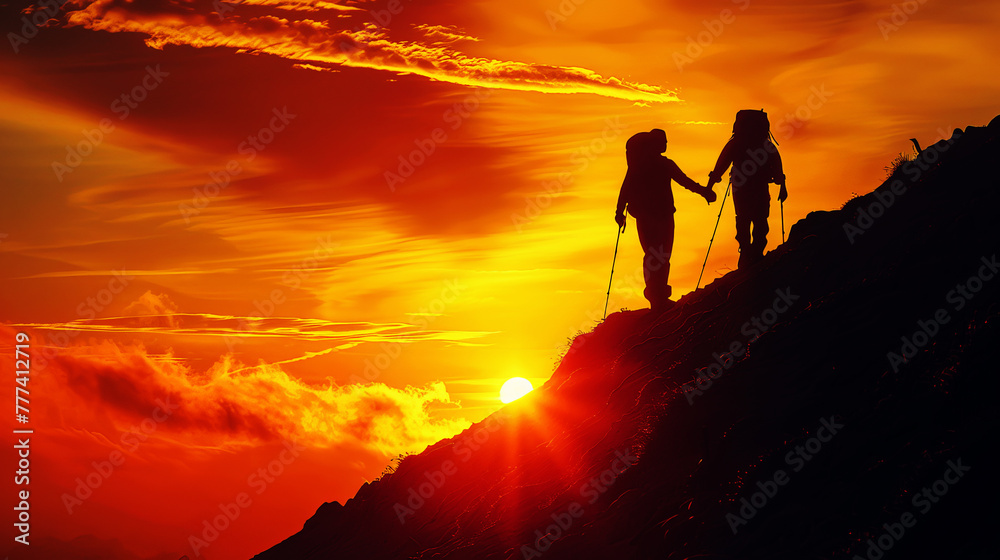 Silhouettes of two hikers trekking at sunset with vibrant orange sky background, embodying adventure and exploration. Generative AI