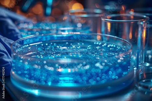 A petri dish filled with blue liquid, resembling drinking water, placed on a table as part of a scientific experiment photo
