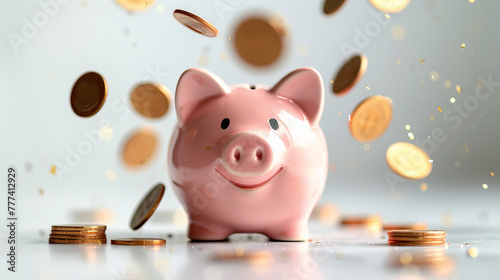 A pink piggy bank with coins falling around it, realistic style, on a white background, concept of savings. Generative AI