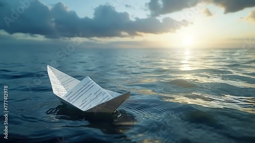 a contract transforming into a paper boat sailing on a serene sea, representing the journey towards freedom despite contractual obligations attractive look photo
