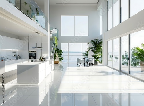 White modern kitchen with island, large windows and high ceiling © Waqar