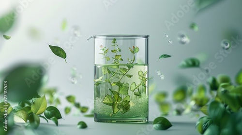 A green glass beaker containing liquid and plants, encircled by swirling leaves