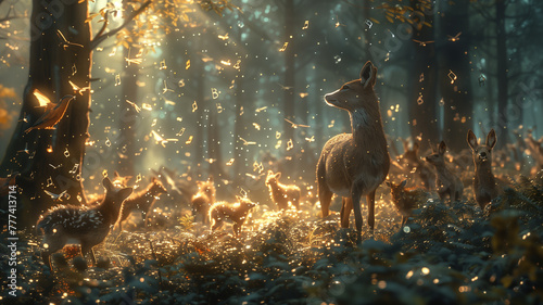 Animals with musical notes in forest.