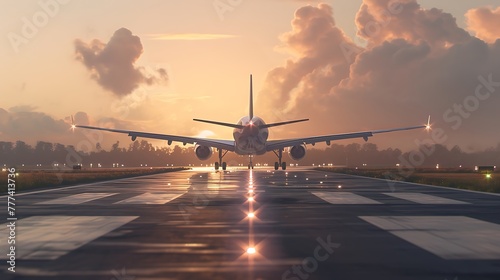 an AI-generated image capturing the essence of an airplane touching down on a runway, employing post-production techniques to enhance the lighting, shadows, and overall composition attractive look