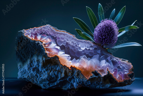 Glowing-Agate stone, Banksia marginata flower, A single globe thistle stands atop a mesmerizing geode with purple hues under soft lighting photo
