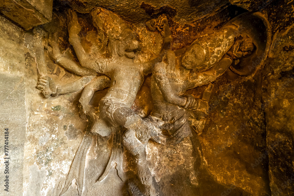 Ellora caves, a UNESCO World Heritage Site in Maharashtra, India. Cave 15. Vishnu as half-man half-lion (Narasimha) destroys Hiranyakasipu