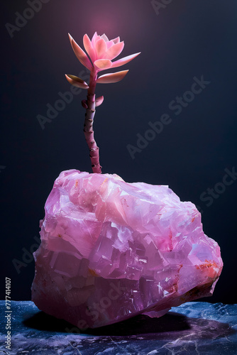 Rose quartz stone, Queen Victoria Agave flower, A succulent plant sprouts from a large pink crystal against a dark background, highlighting the contrast between organic and mineral