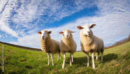Three curious sheep stand in a open green field  © robfolio