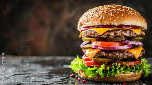 "Juicy Tower Burger" A tantalizing triple patty burger stacked with fresh veggies, melting cheese, and a glossy bun, ready to satisfy hearty appetites.