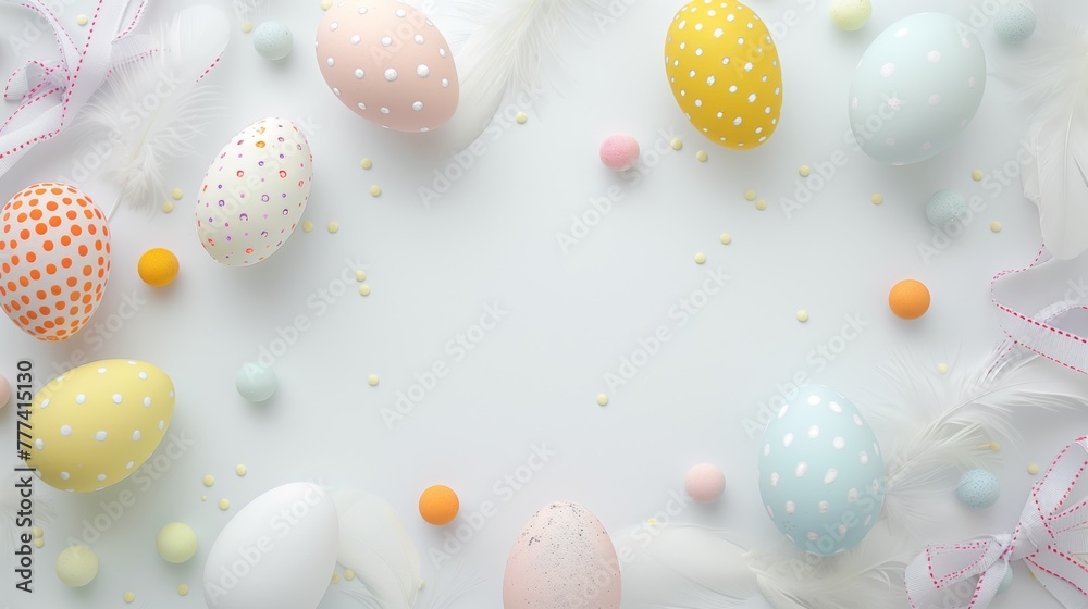 Pastel colored Easter eggs with feathers and ribbons on white background Pastel colored Easter eggs with feathers and ribbons on white background