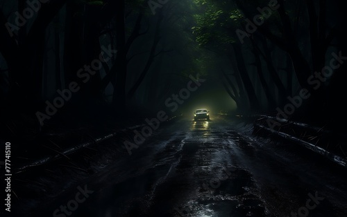 Wet asphalt road in the evening with a car in the foreground