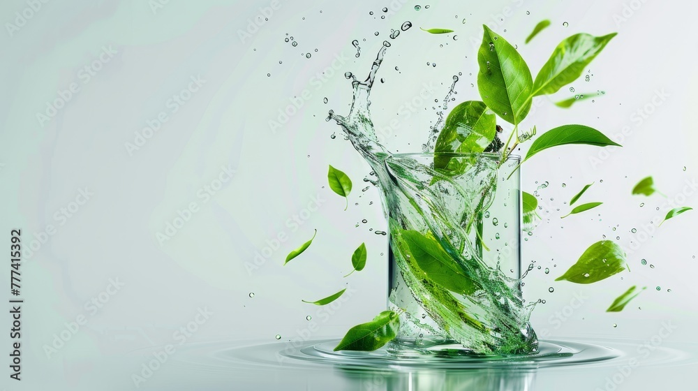A symbolic visualization of the Green Corporations legend, featuring green leaves and plants swirling artistically in a beaker of water A symbolic visualization of the Green Corporations legend, featuring green leaves and plants swirling artistically in a beaker of water