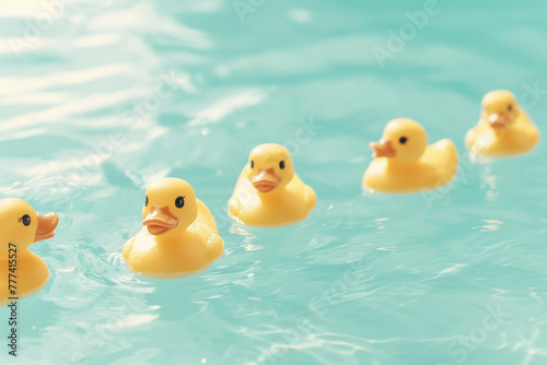 Collection of vibrant yellow rubber ducks floating in a pool of water with one duck in the center