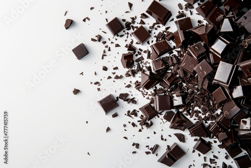 Scattered chocolate squares on a white background, perfect for confectionery themes and sweet indulgence concepts. © Philipp