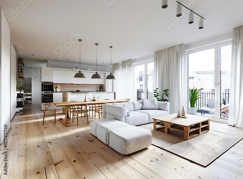 White modern living room with wooden floor and dining table, scandinavian style apartment interior in Amsterdam stock photo, high resolution, raw style interior in the style of contest winner