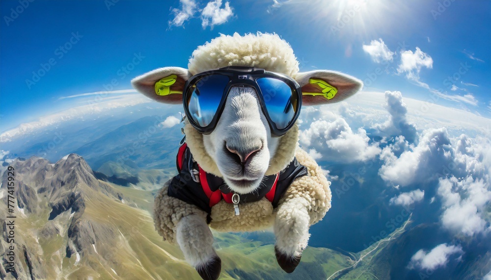 Parachutist sheep jumping in the air - obrazy, fototapety, plakaty 