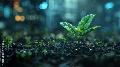 A visual depiction of a futuristic digital plant sprouting from the soil