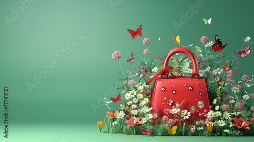 an AI-generated image employing 3D rendering, presenting an elegant red handbag adorned with a playful mix of spring flowers and butterflies on a vibrant green background attractive look photo