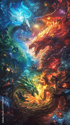 Create a striking image blending iconic mythological creatures from various cultures into a surreal panoramic view The fusion should seamlessly intertwine elements such as a dragon, a phoenix