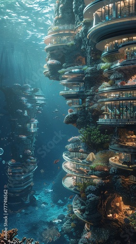 Design a visually striking composition of an underwater civilizations side view, presenting a balance between the serene beauty of the ocean depths and the dynamic energy of a bustling society 