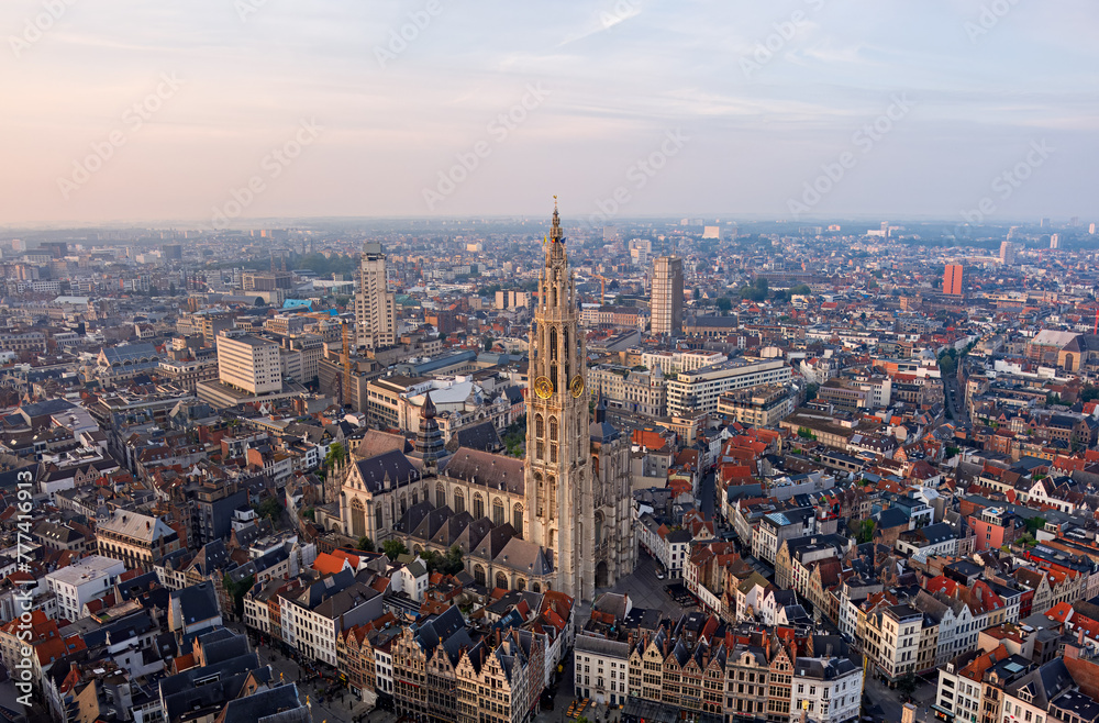 Antwerp, Belgium.Cathedral of Our Lady of Antwerp. Summer morning. Aerial view