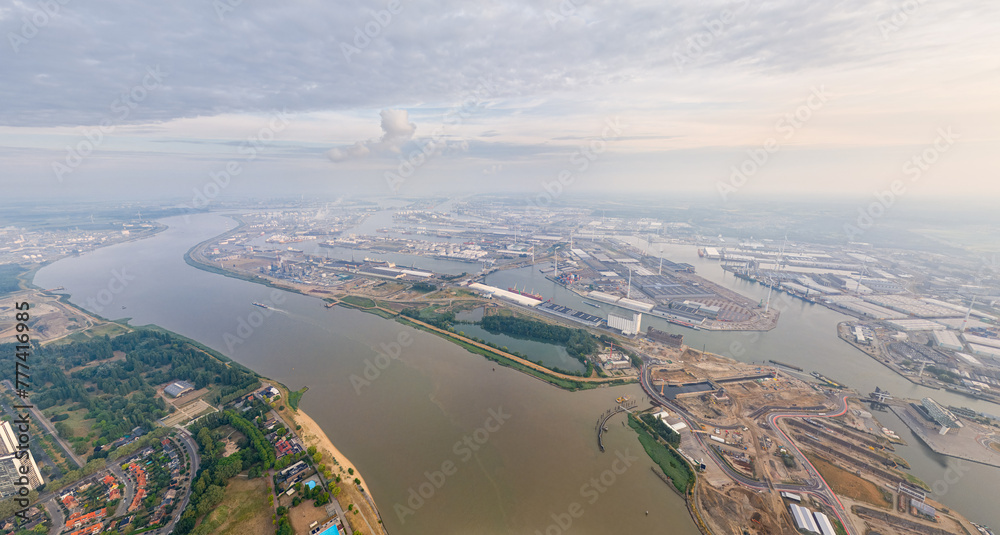 Antwerp, Belgium. Panorama of the city. River Scheldt (Escout). Summer morning. Aerial view