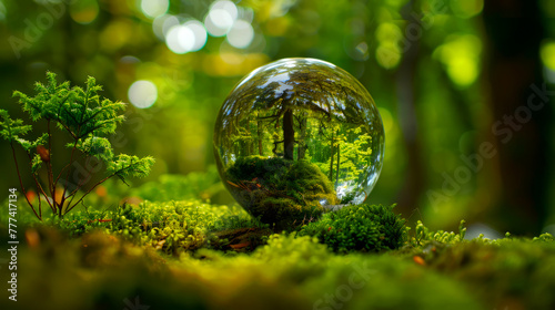 A green tree seen through the lens ball. 