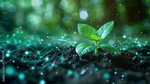 An eco-friendly technology concept featuring a digital background with green leaf sprouts emerging from soil