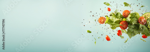 Salad with tomatoes fly on green background. Green lettuce with floating vegetables.