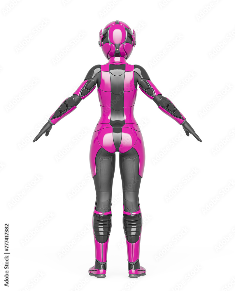 space girl in a new sci-fi suit on a pose rear view