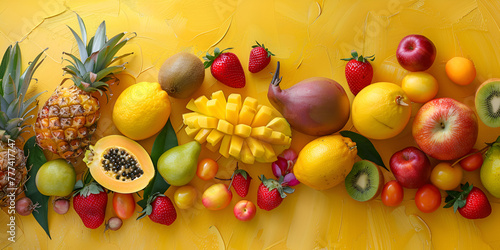 Assortment tropical exotic fruits berryes top veiw on yellow bakground Raw eating diet concept  Super natural food background photo
