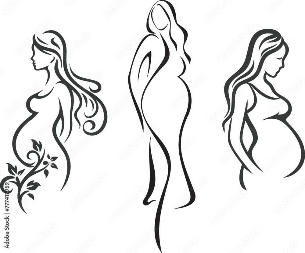 Vector beautiful pregnant women exquisite series. Young future mothers line art drawings. Vinyl ready female beauty sketches with motherhood, maternity, health, birth and happiness concept.