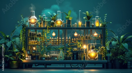 showcasing intricate equipment and flourishing plants of an organic science laboratory