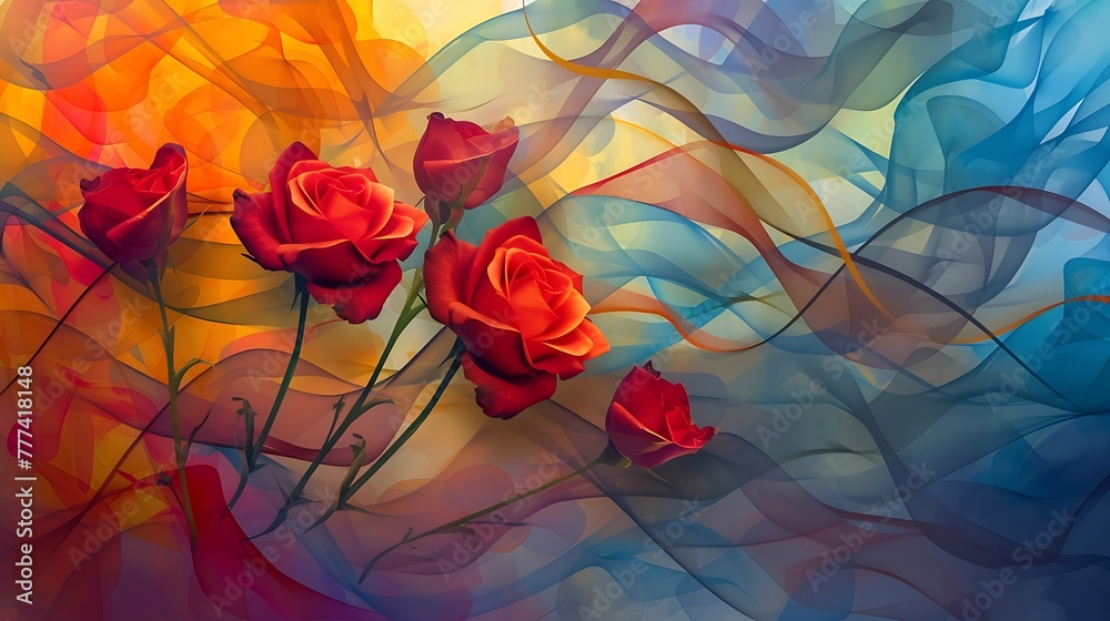 a digital artwork showcasing a cutout bouquet of red roses against a dynamic and colorful backdrop attractive look