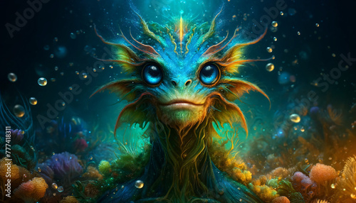 A fantastical portrait of a creature with ocean-inspired features. The creature is a surreal appearance, with vibrant blue and green colors