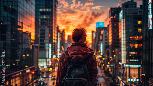 A young man with a backpack looks at the sunset in New York City.