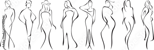 Vector beautiful woman silhouette series, minimalism. Young women, ladies, brides or fashion models in evening dresses. Exquisite black line drawings with female beauty and fashion concept.