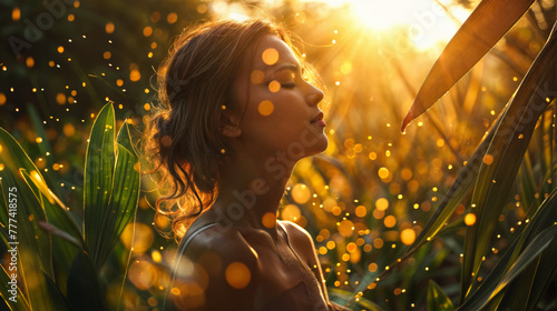 Beautiful young woman in cornfield at sunset, closeup portrait