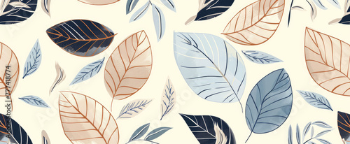 Modern and minimalist illustration of tropical leaves in various sizes  with clean lines and soft pastel colors including navy blue  cream beige  mustard yellow  burnt orange  teal green  off white