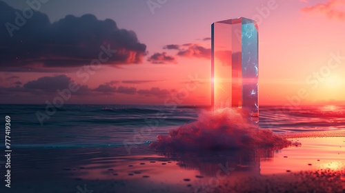an AI-generated image featuring a serene beach scene with a futuristic prism emerging from the sand, symbolizing endless possibilities against a dark sunset backdrop attractive look