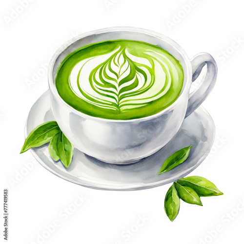 Watercolor illustration of Matcha green tea latte, in cup/glass mug, healthy drink, beverage, hand drawn style clipart, for menu cards, cafes, islolated