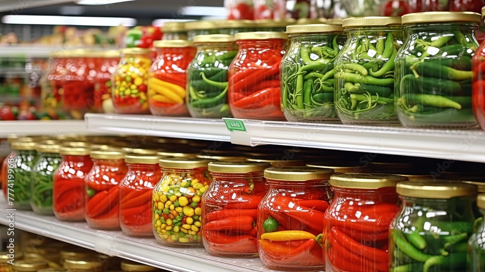 Rows of glass jars filled with homemade vegetable pickles with sealed lids on wooden shelves at a street market
