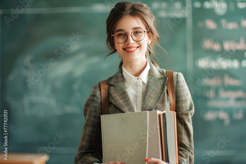 Young female student in glasses with textbooks near school board