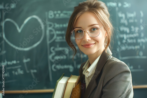 Young woman in glasses with textbooks near school board