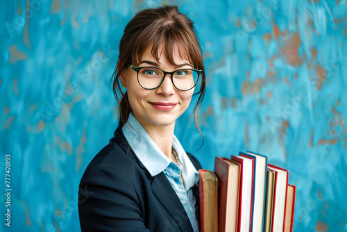 female teacher in glasses with textbooks on a blue background. Teacher, pedagogue, coach, psychologist