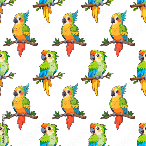 Seamless pattern with cute brightly colored parrot on a branch