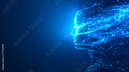 Digital profile of a human head with interconnected lines and dots, artistic, on a deep blue background, concept of digital mind. Generative AI