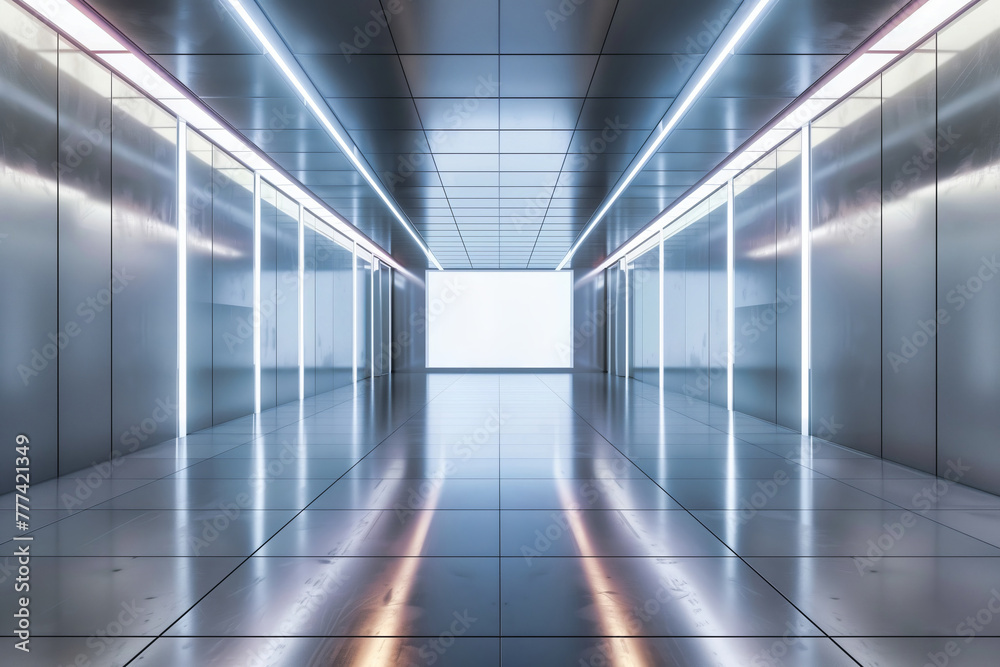 A large sci-fi empty room with a corridor wall and a row of lights background A large sci-fi empty room with a corridor wall and a row of lights background