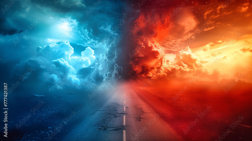 A road with two different colored skies on either side blue and red good and evil