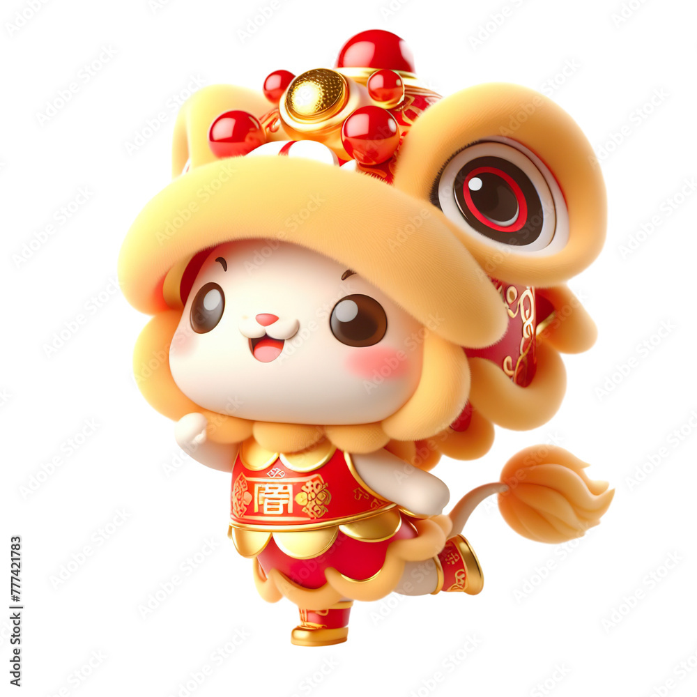Obraz premium Cute character 3D image concept art of a cute lion dancing. Lunar new year Red and yellow color scheme, minimalist white background isolated PNG